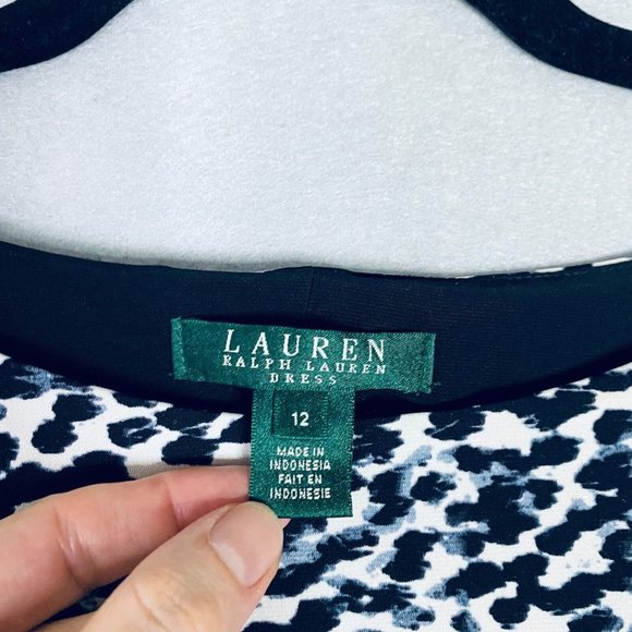 Slimming Lauren Ralph Lauren Dress 12 Black Stretch Leopard Print 3/4 Sleeve - Picture 5 of 12